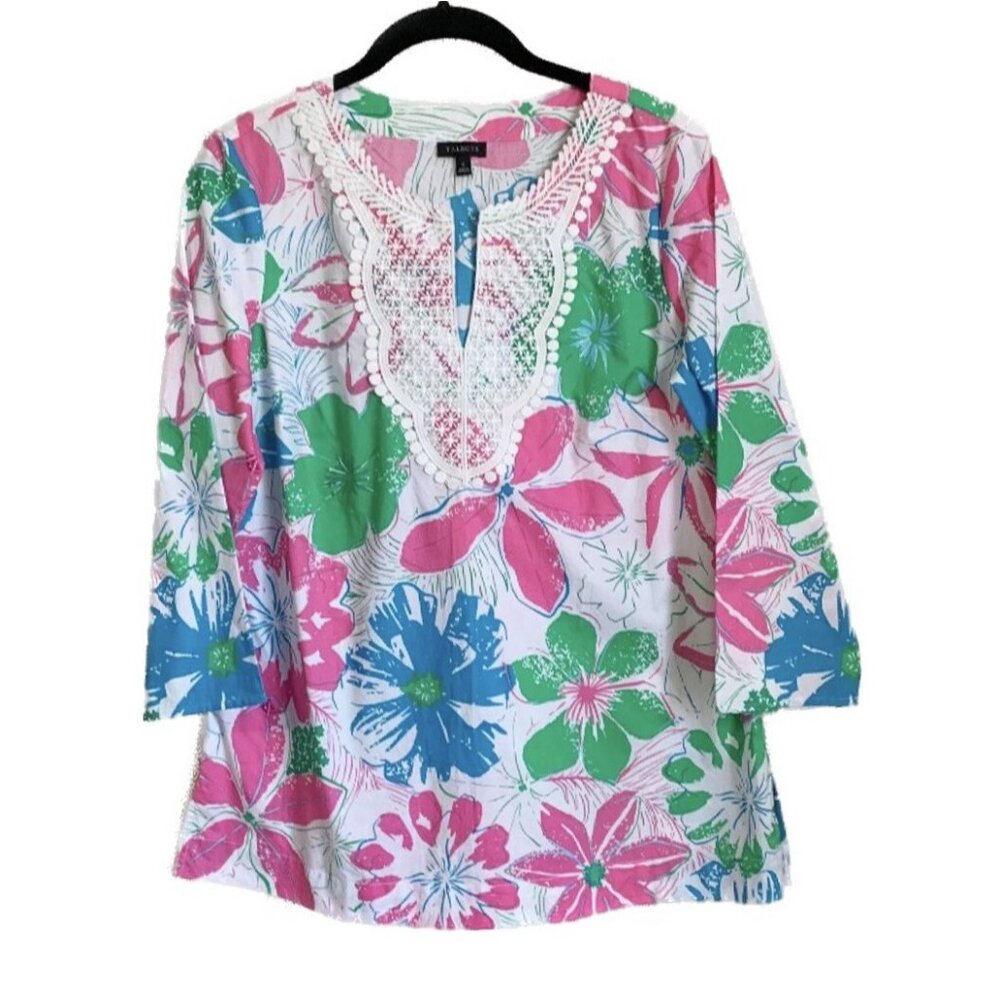 Talbot Embroidered White Floral Kaftan Top Size Small 3/4 Sleeve Vacation Resort